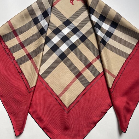 NWT Burberry Scarf House Check Beige Red Border Logo Silk Wrap - Picture 15 of 16